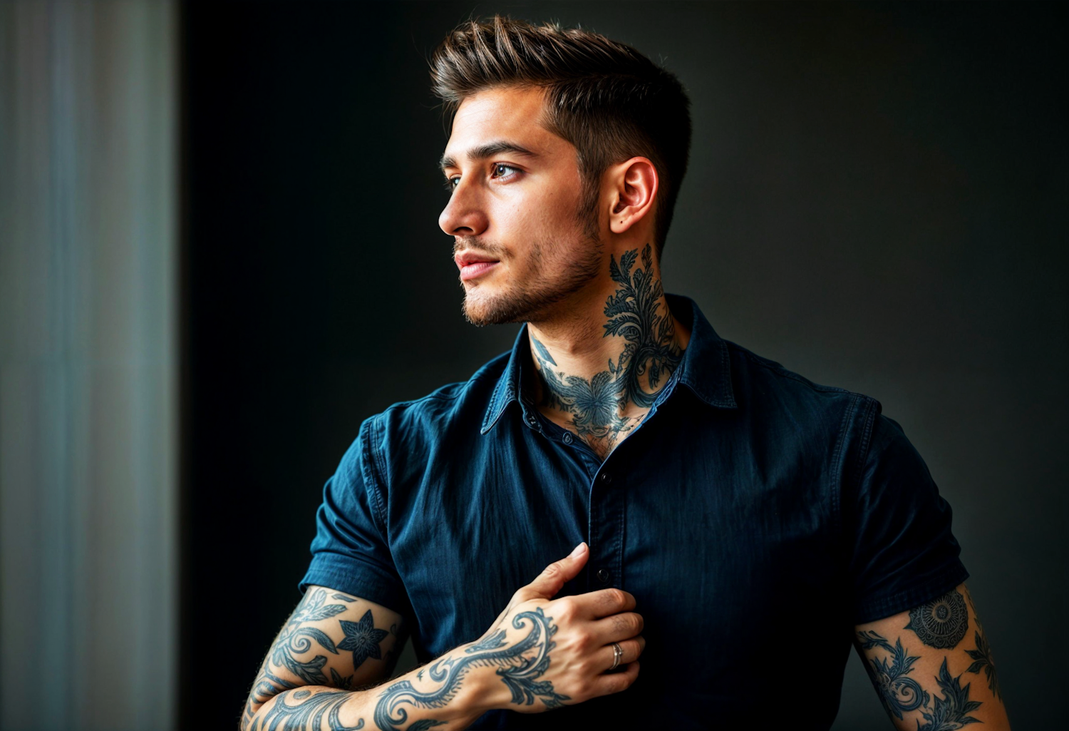 Contemplative Man with Tattoos