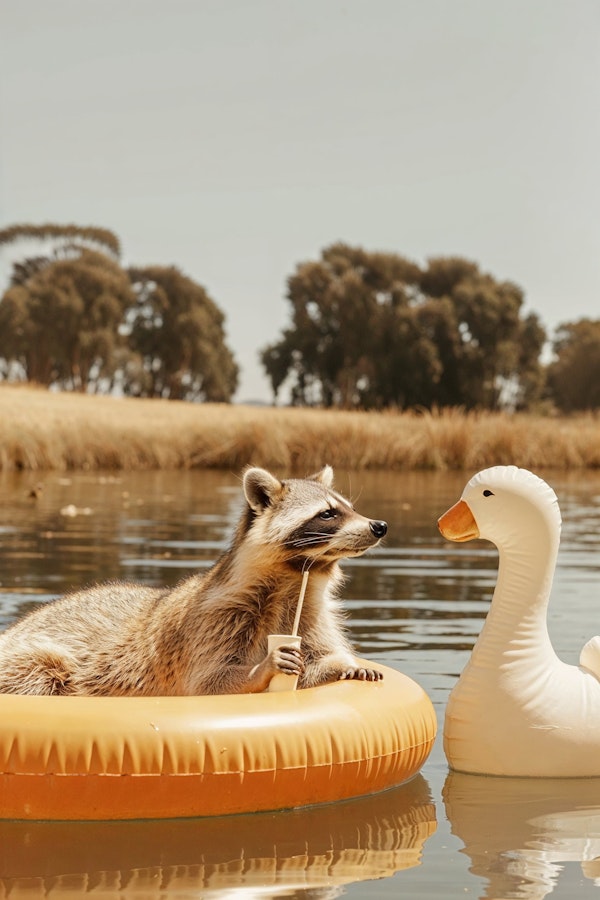 Raccoon on Doughnut Ring with Inflatable Swan