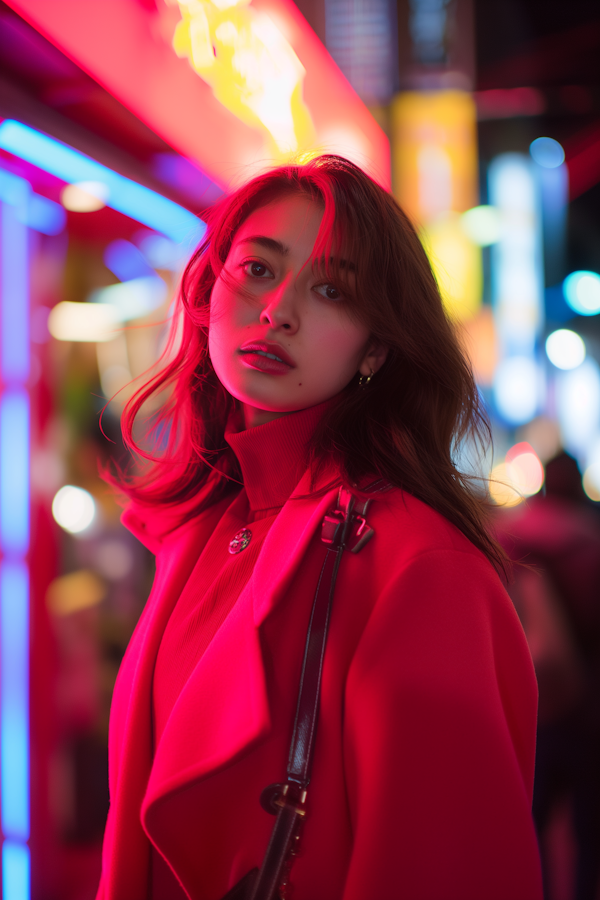 Woman in Red Coat with Neon Backdrop