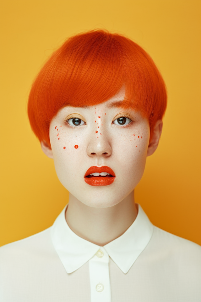 Red-Orange Bob and Lipstick Against Yellow