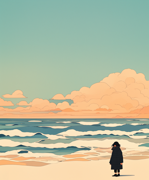 Serene Beach Scene with Contemplative Figure