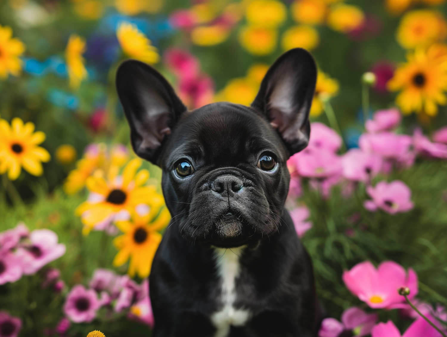 Black French Bulldog Puppy Among Flowers