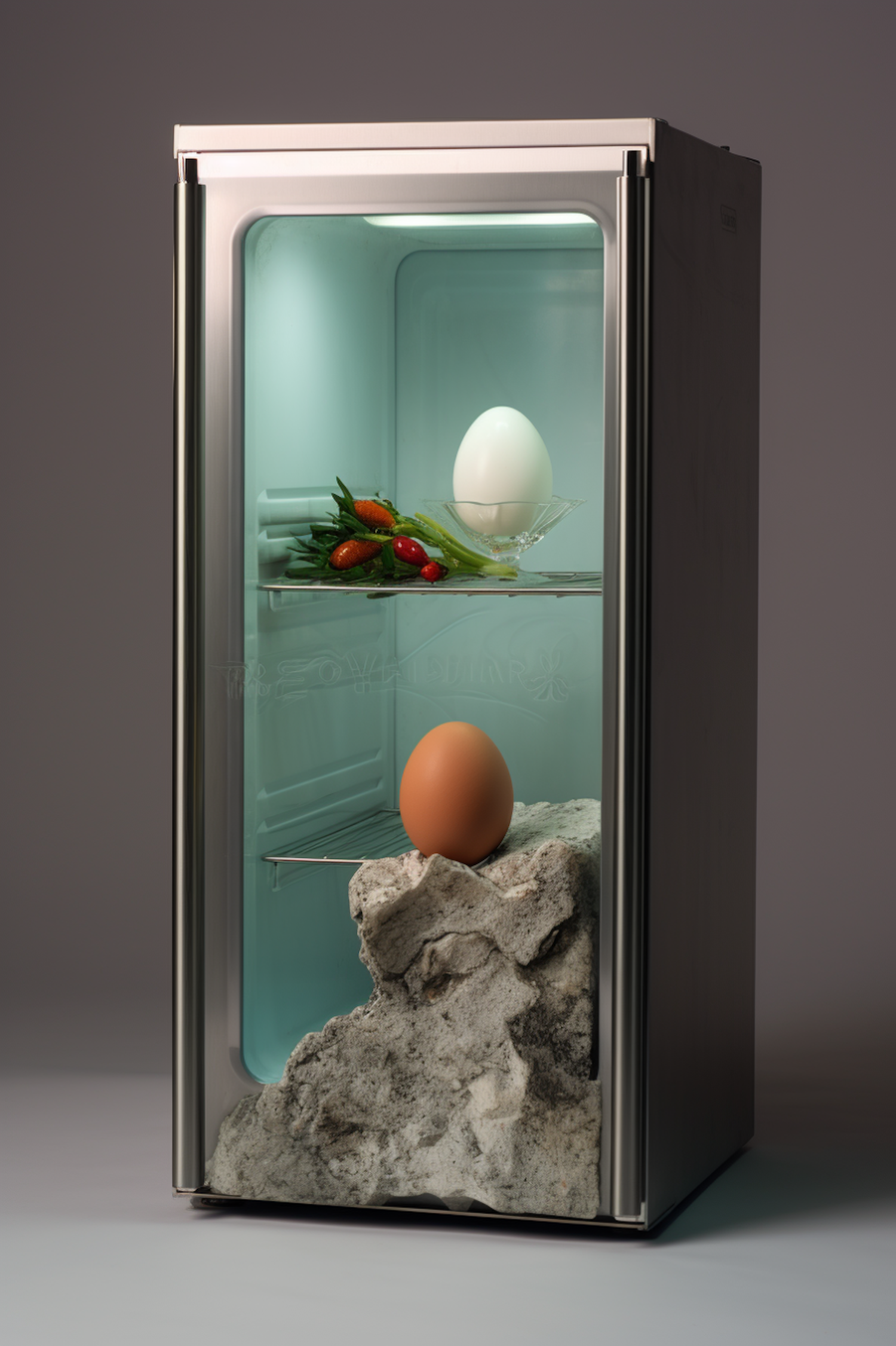 Minimalist Fridge with Artful Egg Display