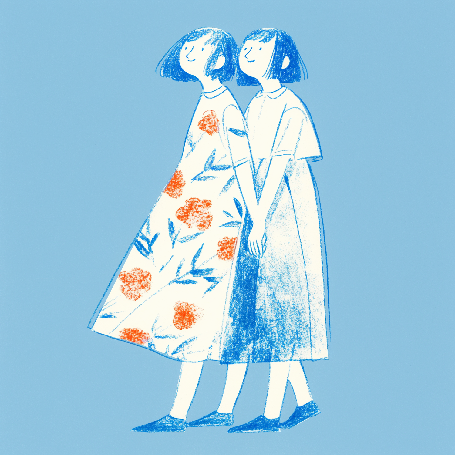 Serene Blue Illustration of Two Females