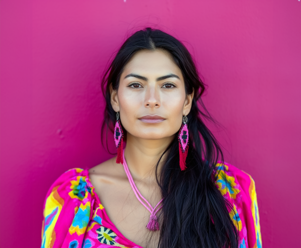 Woman with Vibrant Earrings and Colorful Garment