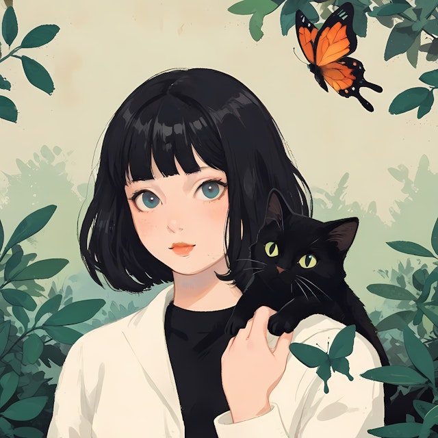 Woman with Black Cat and Butterfly