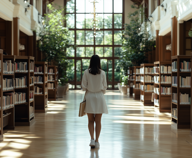 Woman in Library Aisle