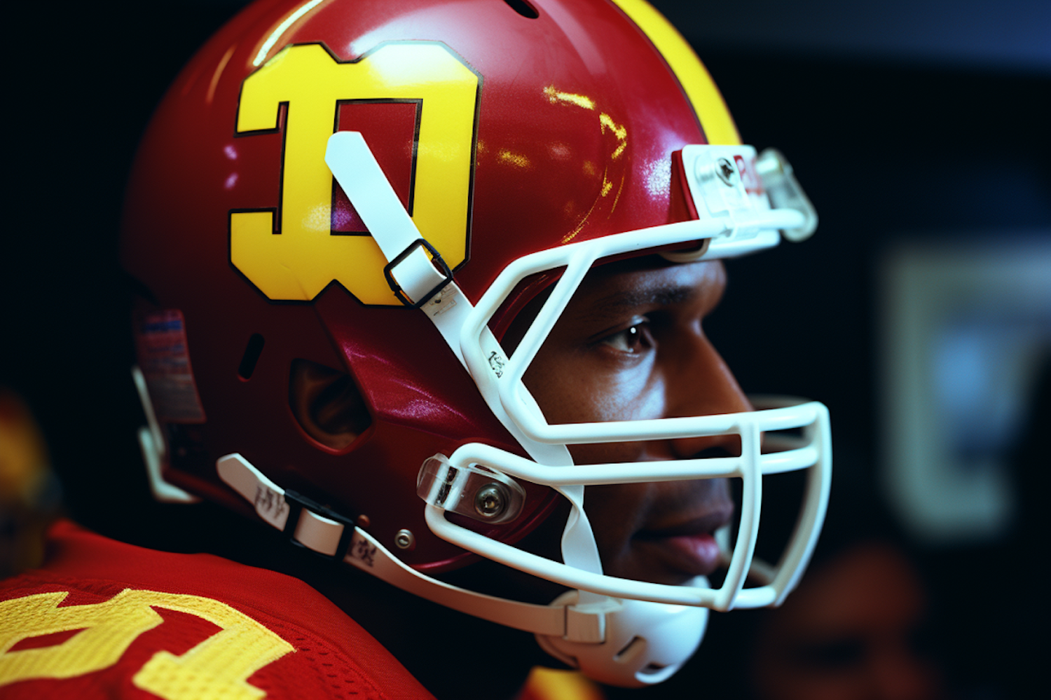 Focused Athlete in Red Football Helmet