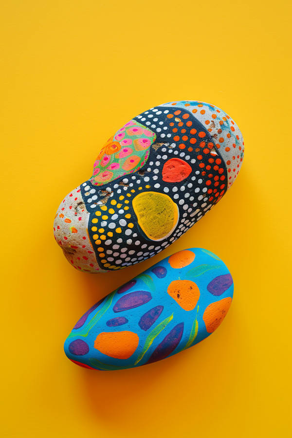 Vibrantly Painted Stones on Yellow