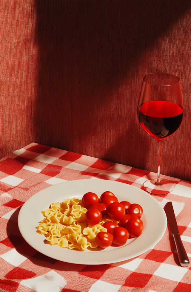 Pasta and Wine on Checkered Tablecloth