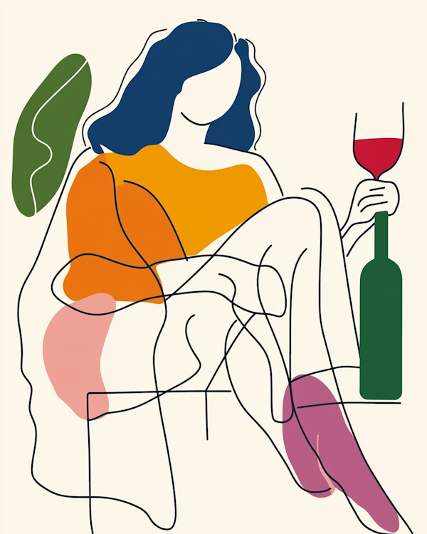 Stylized Illustration of a Woman with Wine