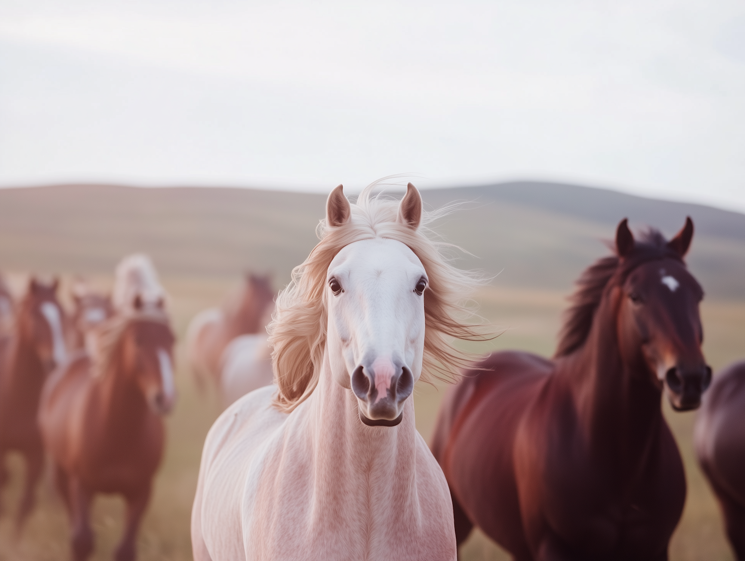 Running Horses in Grassy Landscape