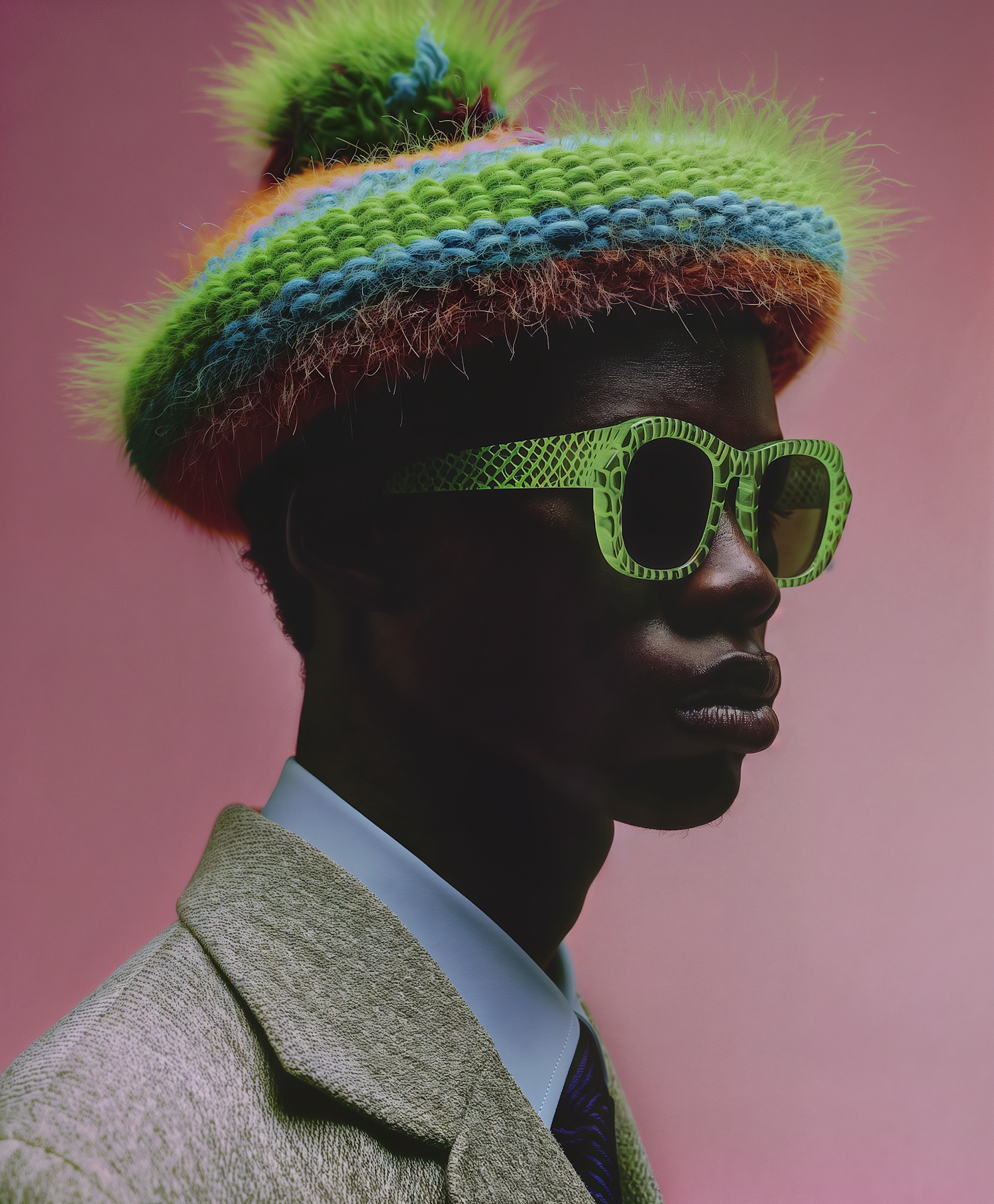 Portrait of a Man in Colorful Knitted Hat and Sunglasses