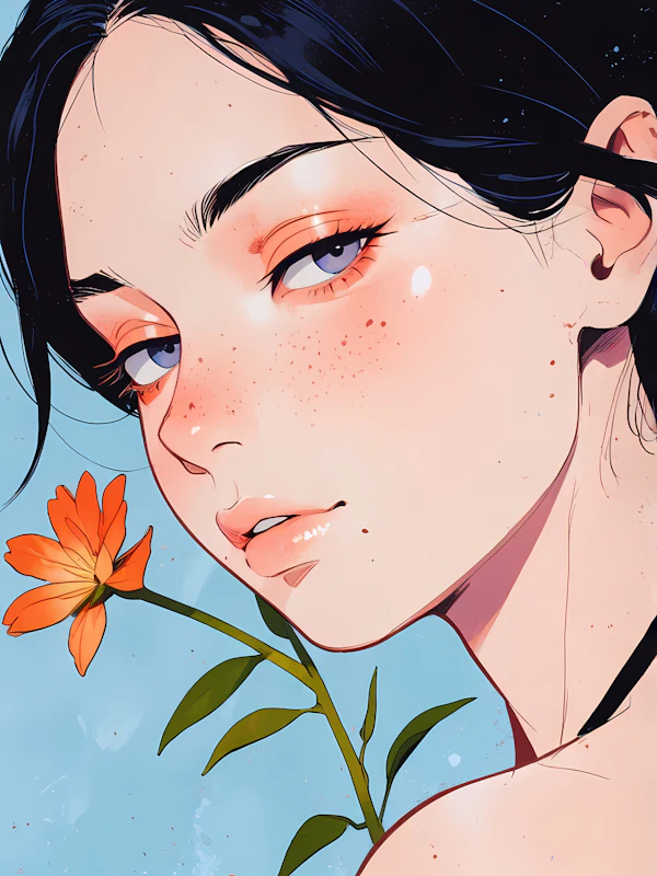 Serene Portrait with Orange Flower