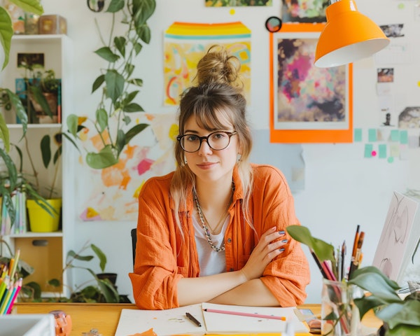 Creative Workspace with Inspired Young Woman