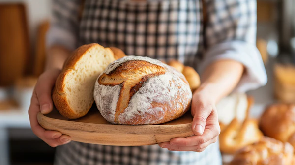 Freshly Baked Bread on Wooden Tray