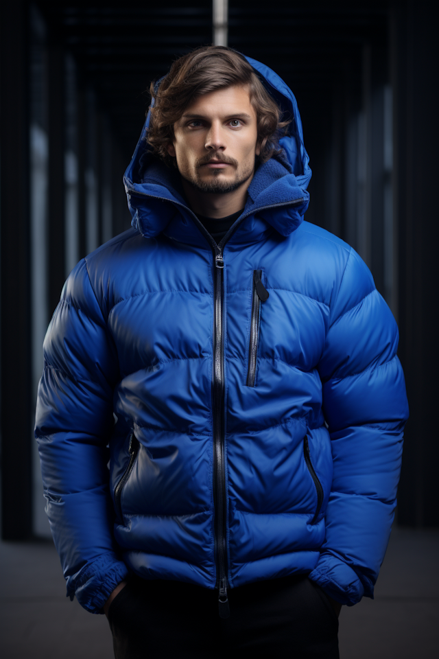 Confident Man in Blue Puffer Jacket