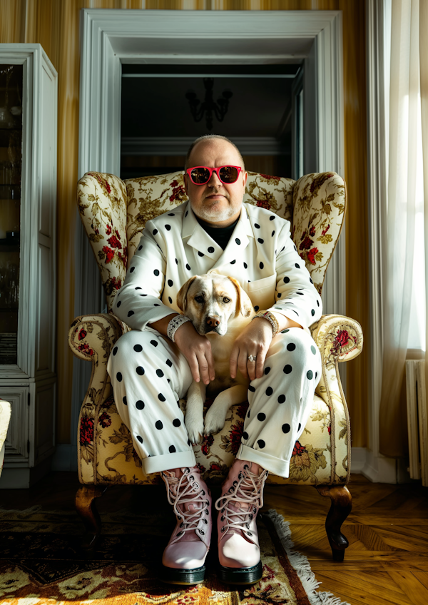 Man in White Suit with Dog