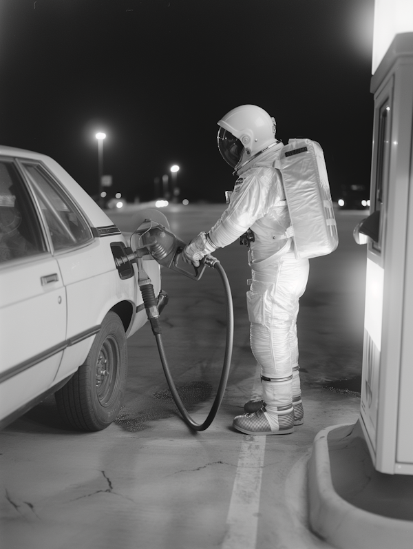 Astronaut Refueling at Gas Station