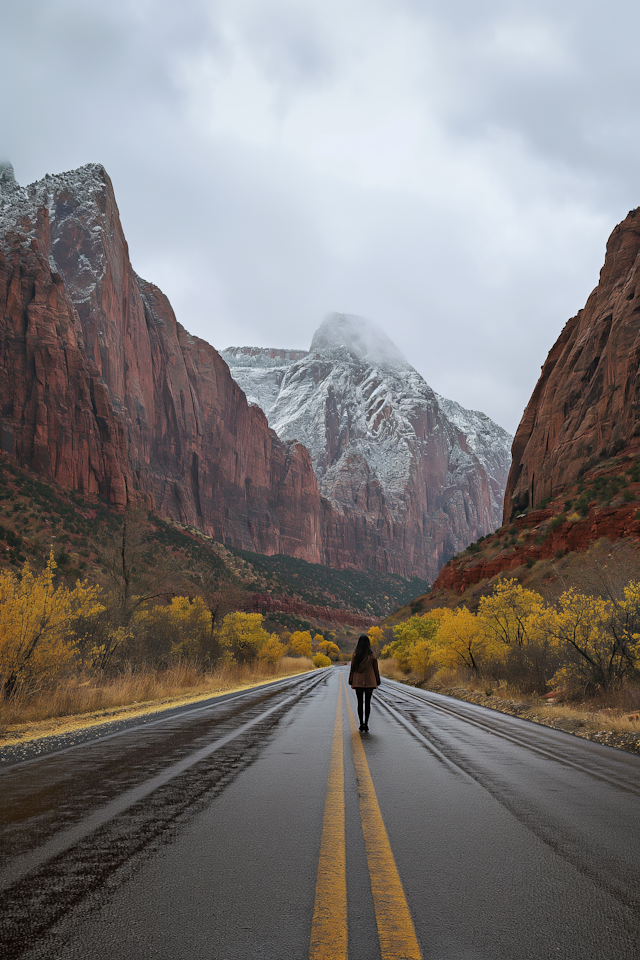 Solitary Figure on a Misty Mountain Road