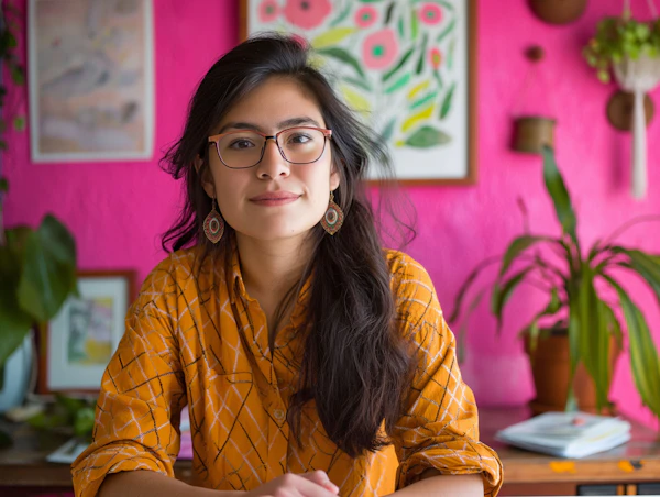 Stylish Young Woman in Vibrant Indoor Setting