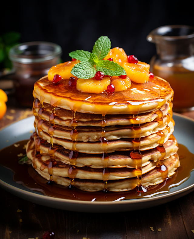 Golden Brown Pancakes with Peach, Cranberries, and Mint