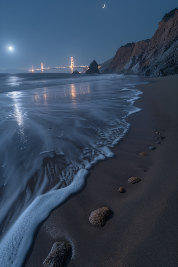 Moonlit Golden Gate Bridge over Serene Beach