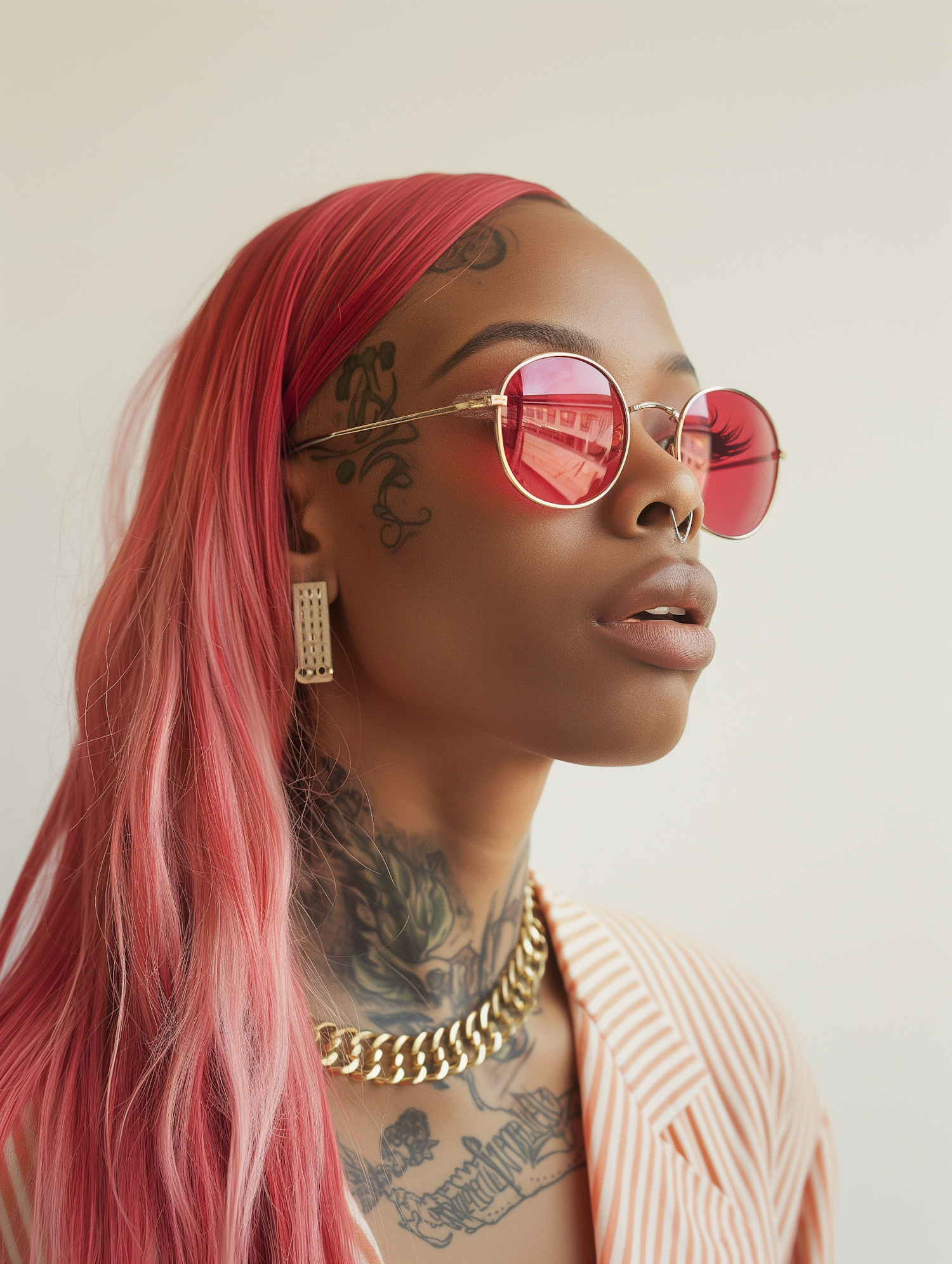 Stylish Woman with Pink Hair and Tattoos