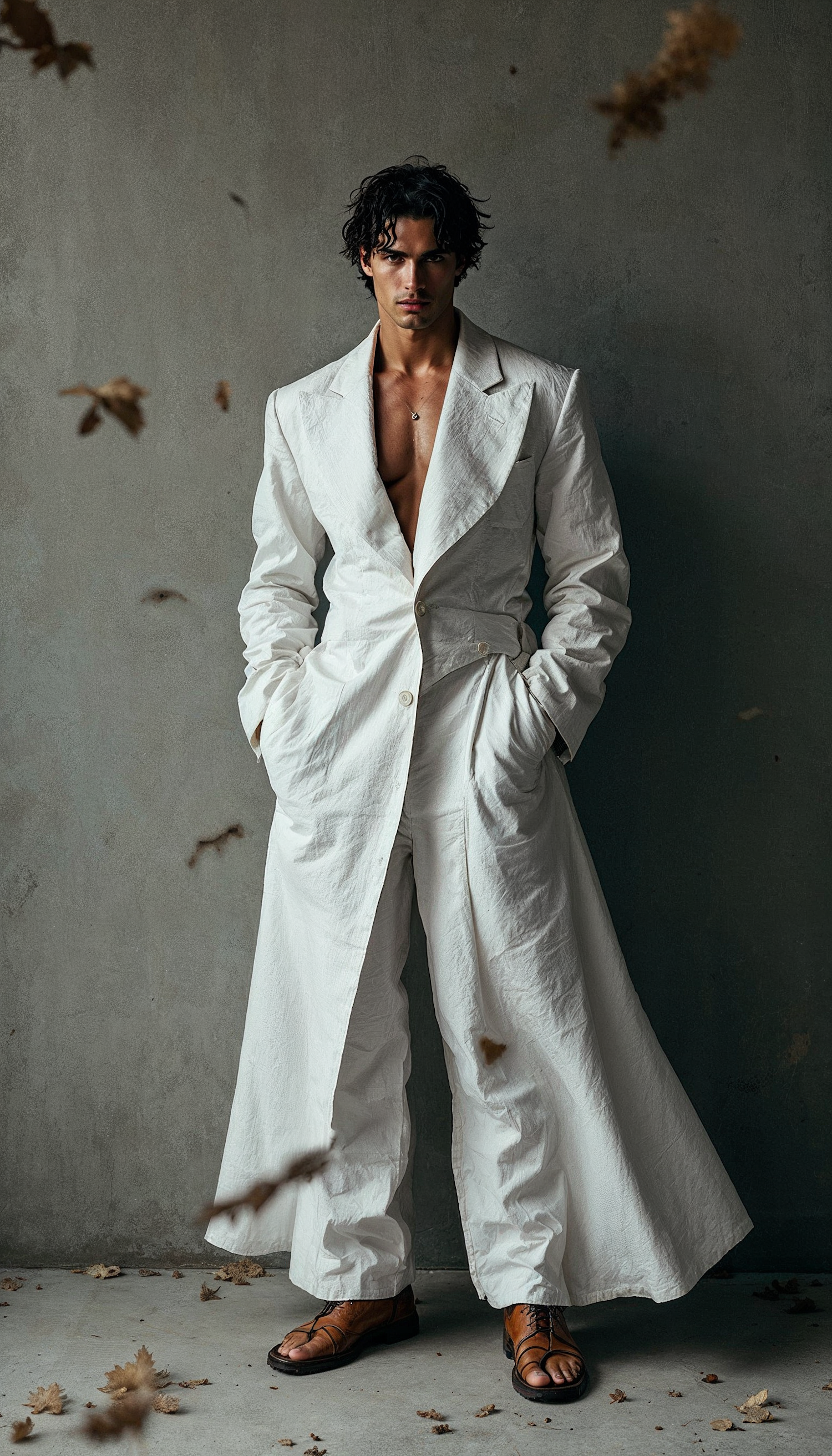 Man in White Coat with Falling Leaves