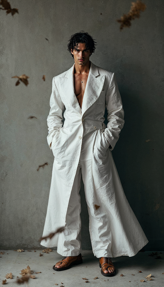 Man in White Coat with Falling Leaves