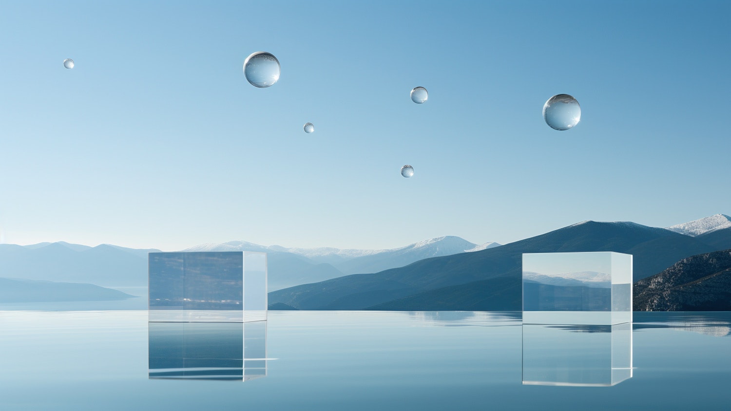 Serene Landscape with Reflective Water and Bubbles