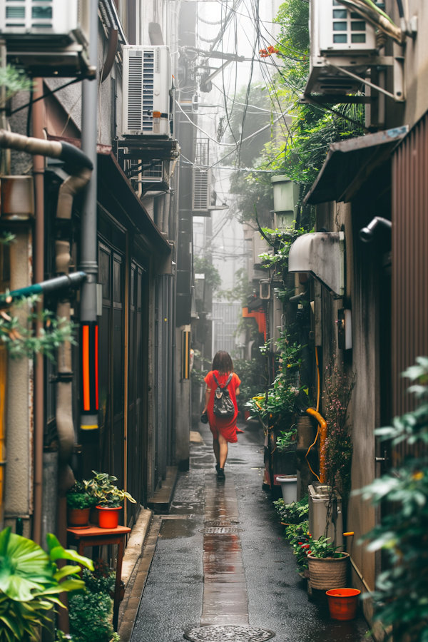 Serene Rain-soaked Urban Alley with Woman in Red