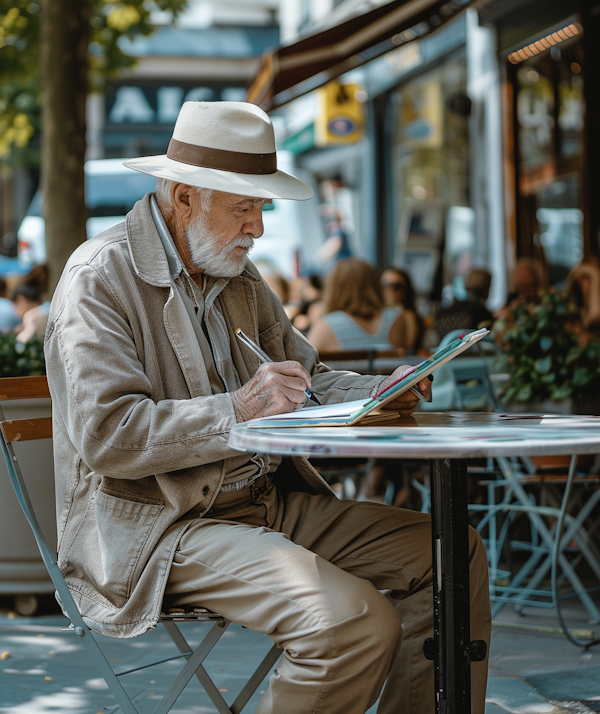 Elder Man Writing in a Café