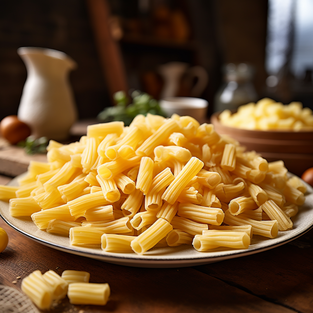 Uncooked Golden Rigatoni Pasta on Wooden Table