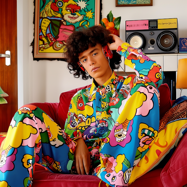 Pensive Man in Colorful Outfit on Red Couch