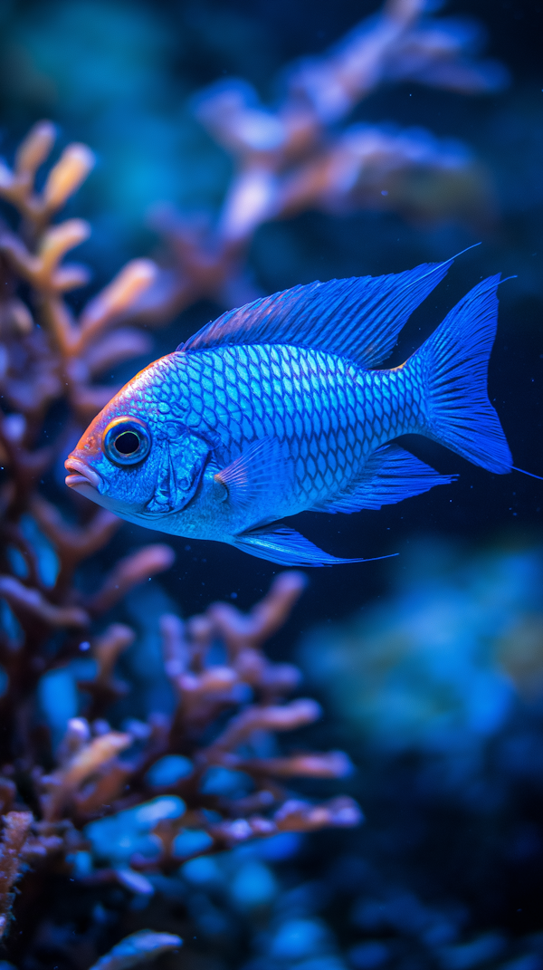 Vivid Blue Fish Swimming Upward