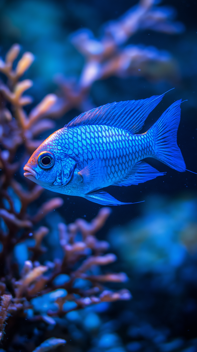 Vivid Blue Fish Swimming Upward