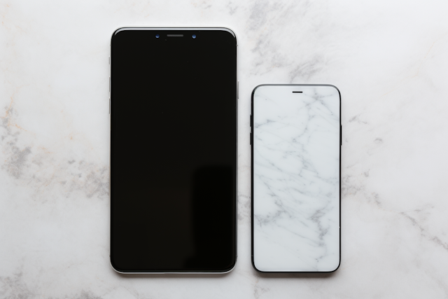 Modern Smartphones with Contrasting Displays on Marble Surface