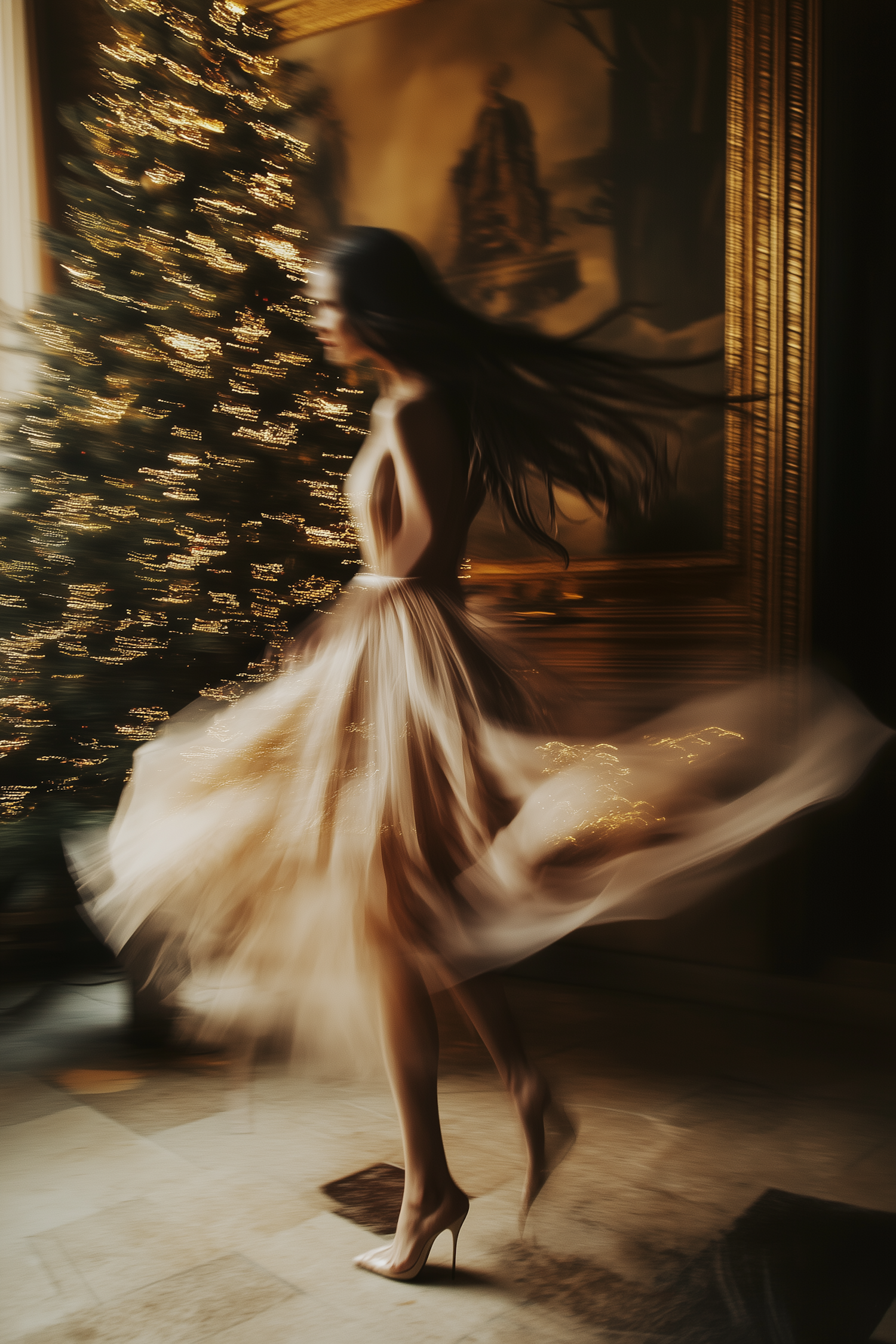 Woman in Motion with Christmas Tree