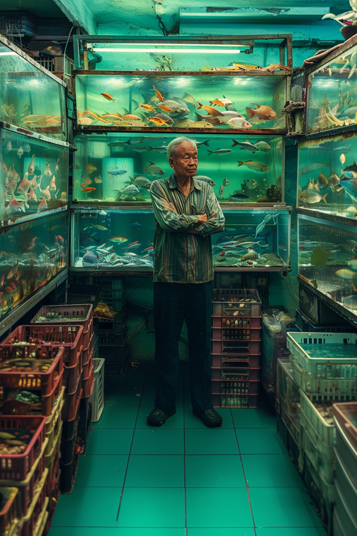 Elderly Man with Aquariums