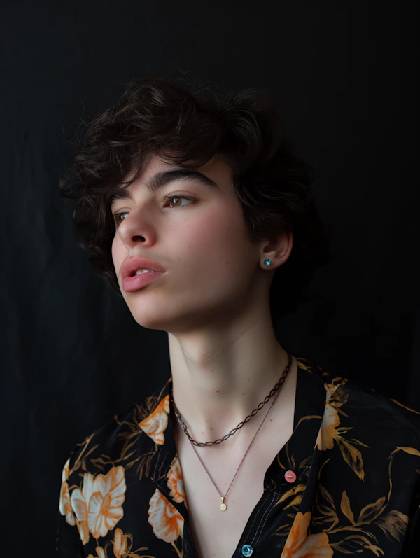 Contemplative Portrait with Floral Accents