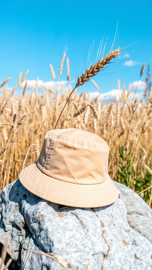 Bucket Hat on Rock in Wheat Field