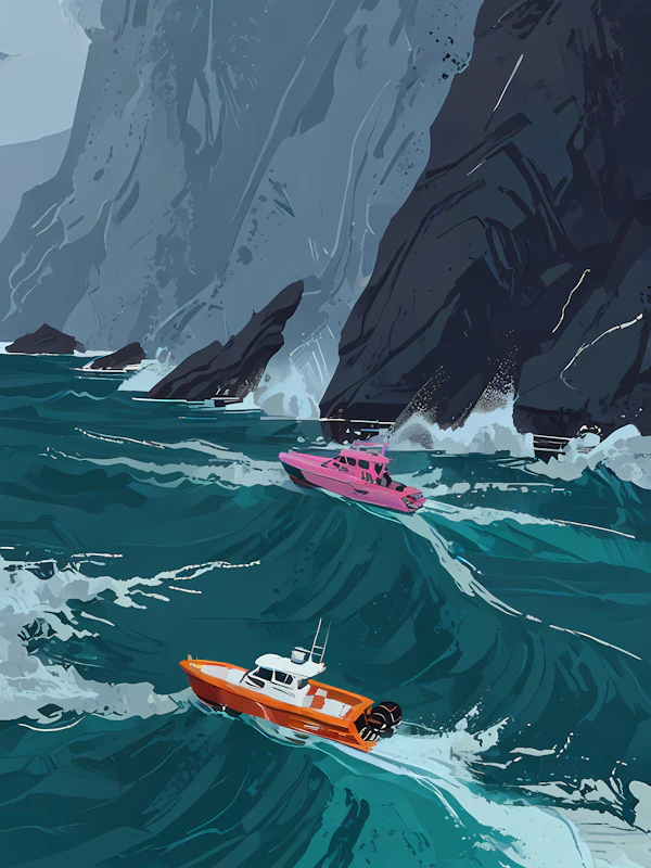 Motorboats in Rough Sea