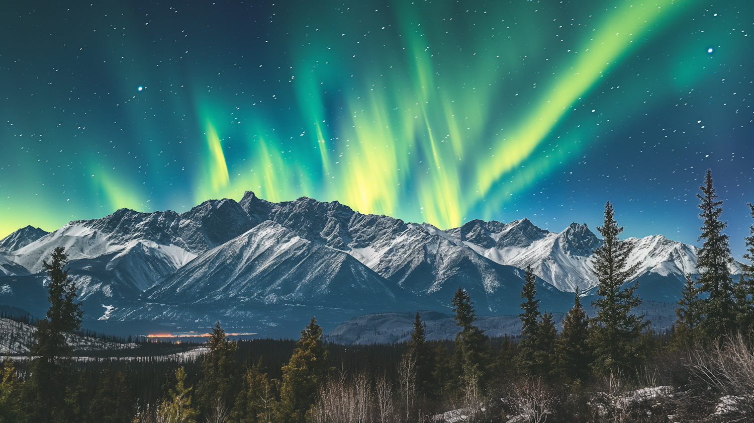 Northern Lights Over Snowy Mountain