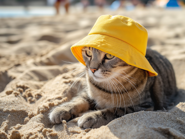 Cat in a Yellow Sunhat on the Beach