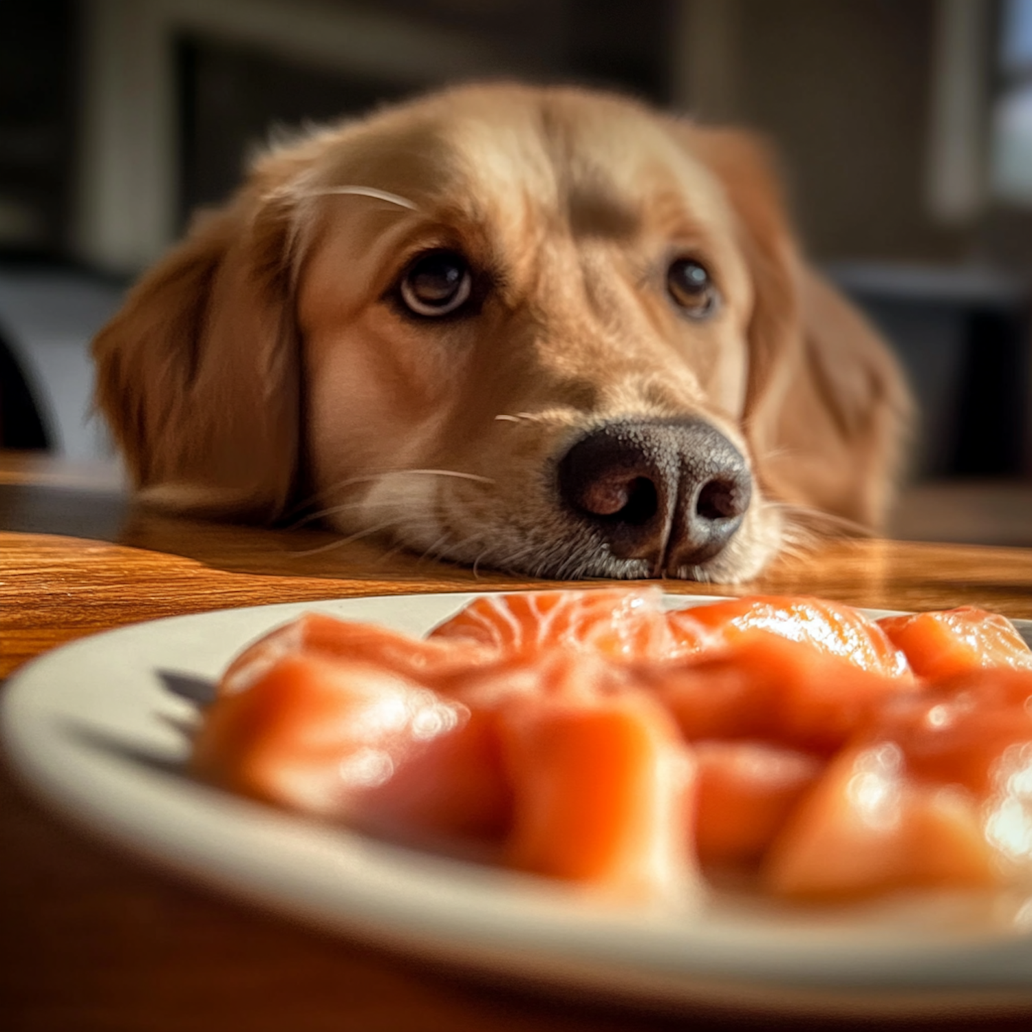 Golden Retriever Eyeing Salmon