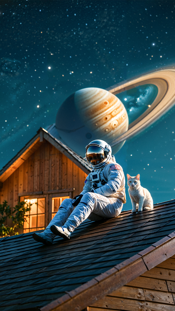 Astronaut and Cat under Jupiter's Gaze