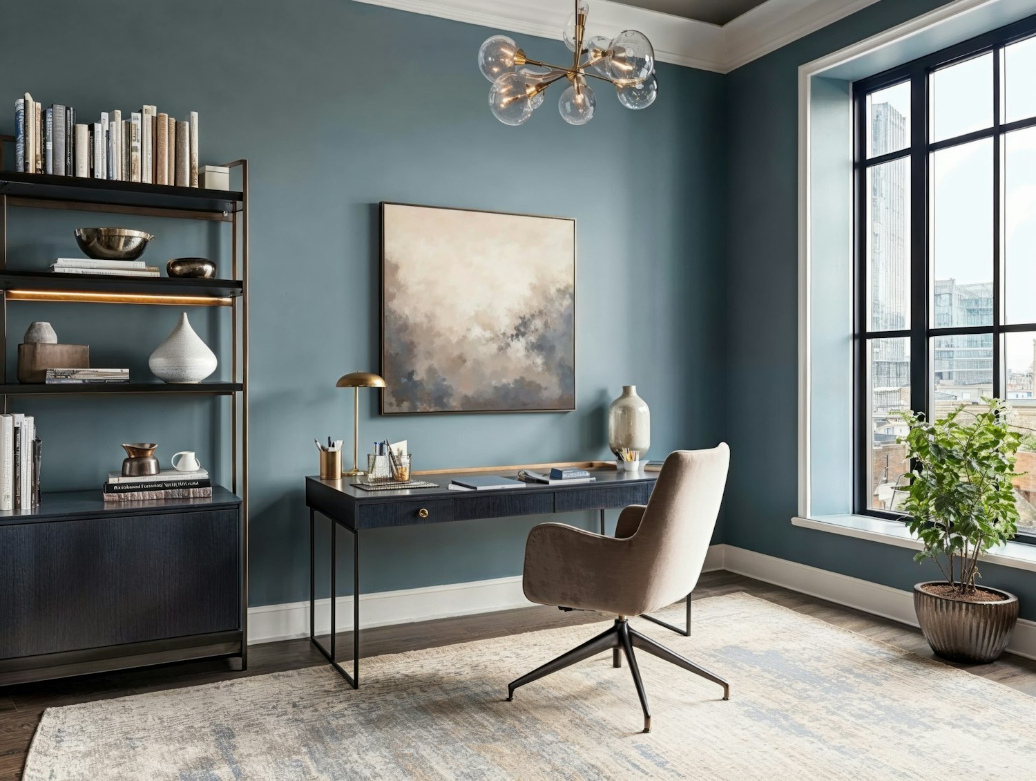 Contemporary Office with Teal Walls and Modern Decor