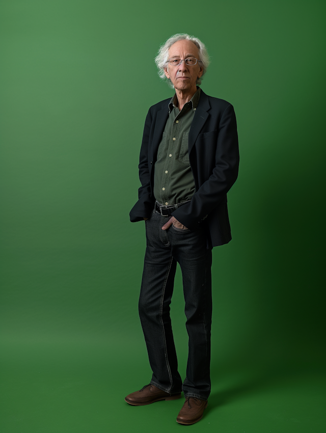 Elderly Man in Stylish Attire Against Green Backdrop