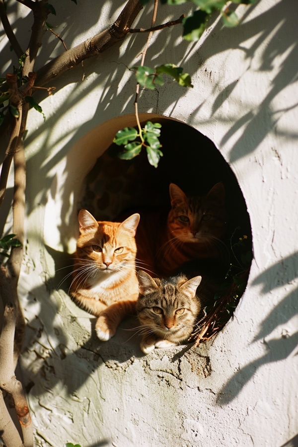 Three Cats in a Wall Nook